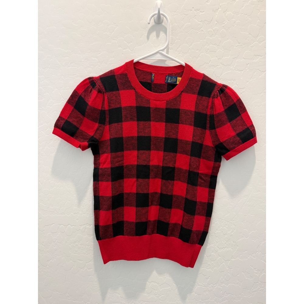 Polo Ralph Lauren Plaid Cotton Wool Short Sleeve Sweater NWOT XS Puff Sleeve